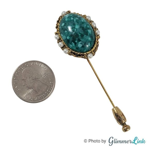 Vintage Oval Mottled Green Cabochon Faux Pearl Filigree Gold Tone Stick Pin - Picture 7 of 10